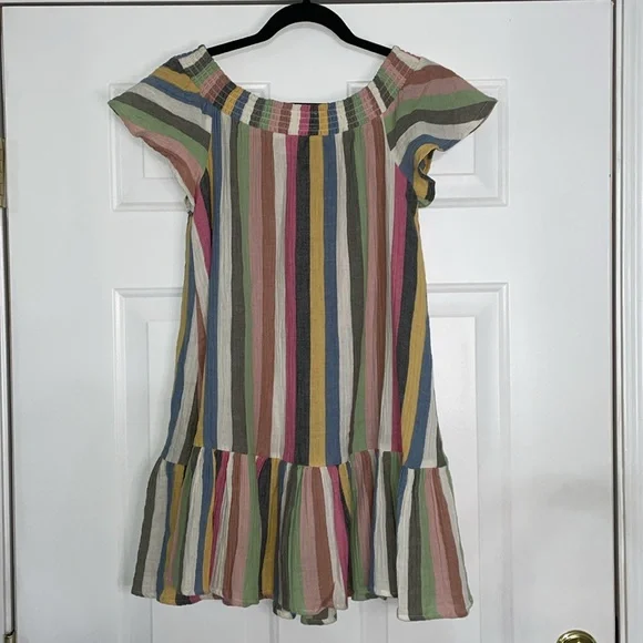 MARINE LAYER Shirley Rainbow Stripe Off Shoulder Ruffle Hem Mini Skirt Dress S - Picture 6 of 9